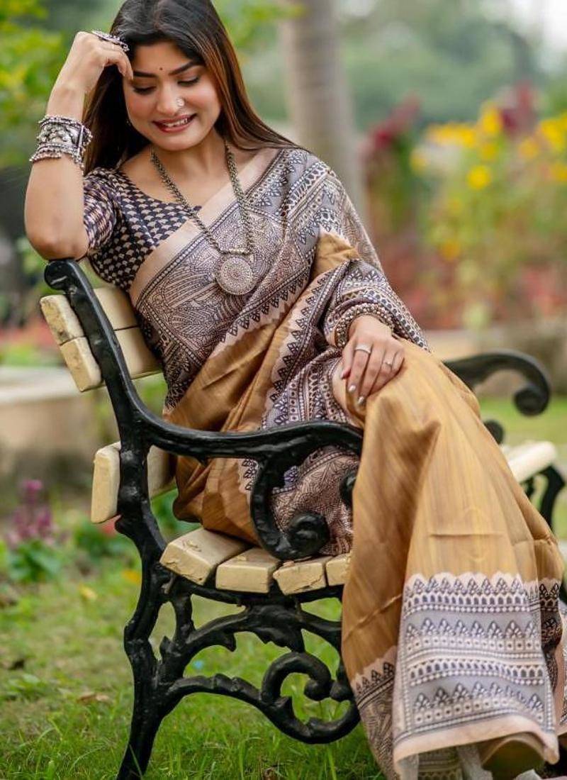 Orange color tussar silk madhubani print sari