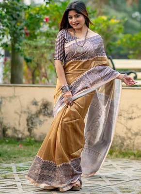 Gold color tussar silk blend madhubani print sari 1
