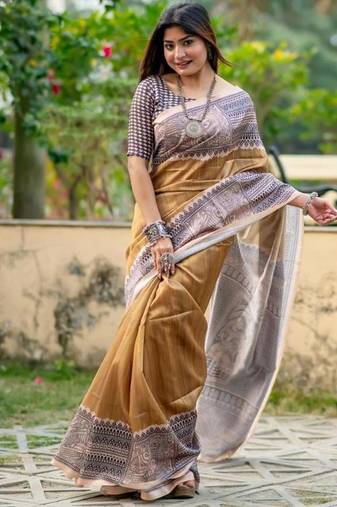 Gold color tussar silk madhubani print sari
