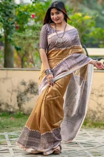 Gold color tussar silk blend madhubani print sari