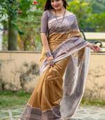 Gold color tussar silk blend madhubani print sari