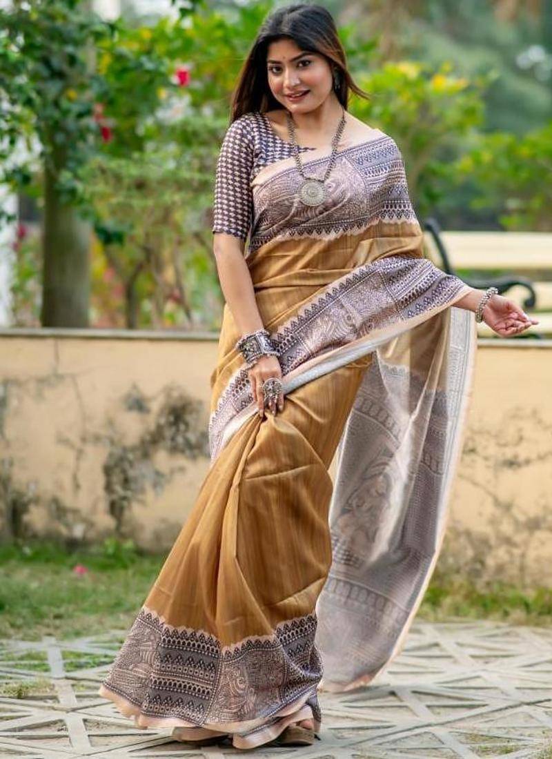 Gold color tussar silk madhubani print sari