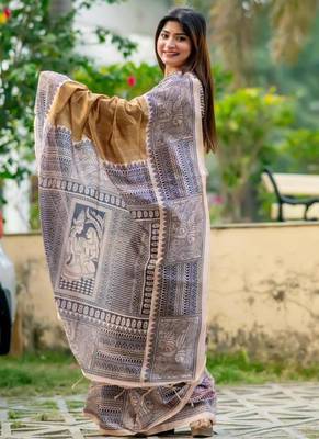 Gold color tussar silk blend madhubani print sari 2