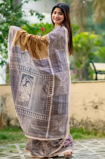 Gold color tussar silk blend madhubani print sari