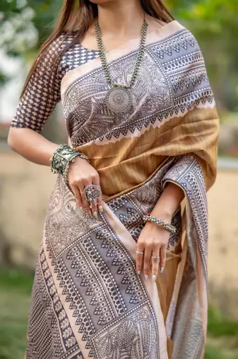 Gold color tussar silk blend madhubani print sari