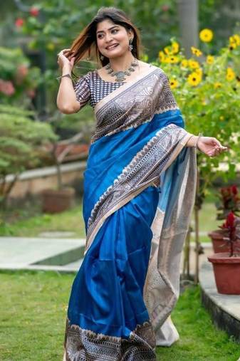 Blue color tussar silk madhubani print sari