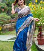 Blue color tussar silk blend madhubani print sari