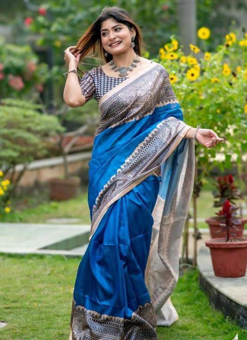 Blue color tussar silk madhubani print sari