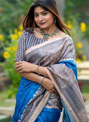 Blue color tussar silk blend madhubani print sari 2