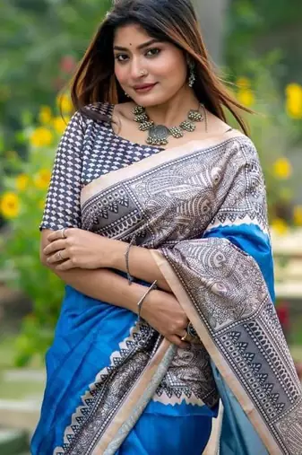 Blue color tussar silk blend madhubani print sari