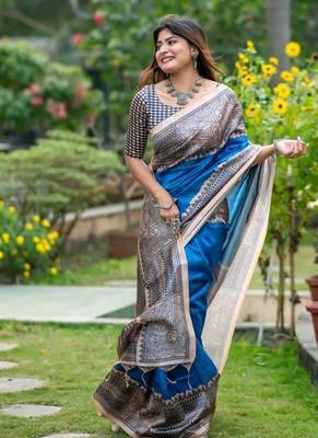 Blue color tussar silk blend madhubani print sari 3