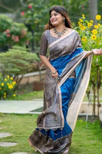Blue color tussar silk blend madhubani print sari