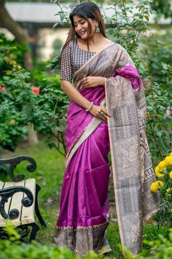 Purple color tussar silk madhubani print sari