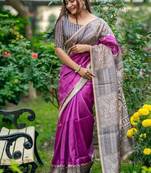 Purple color tussar silk blend madhubani print sari