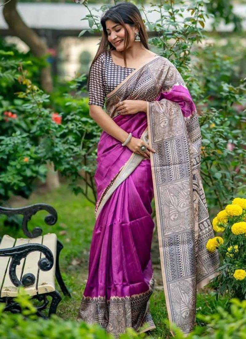 Purple color tussar silk madhubani print sari
