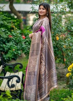 Purple color tussar silk blend madhubani print sari 2