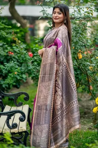 Purple color tussar silk blend madhubani print sari