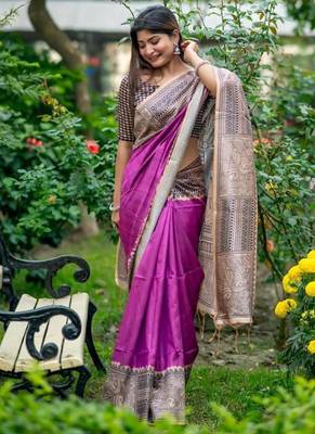 Purple color tussar silk blend madhubani print sari 3