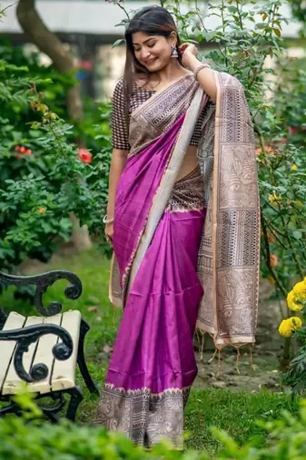 Purple color tussar silk blend madhubani print sari
