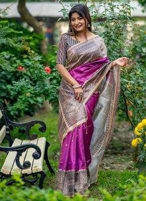 Purple color tussar silk blend madhubani print sari 4