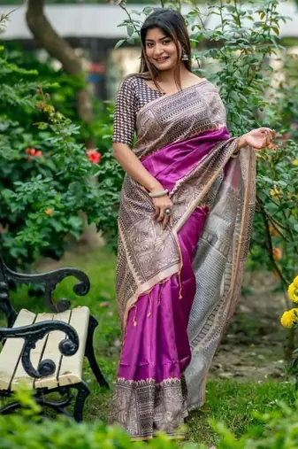Purple color tussar silk blend madhubani print sari