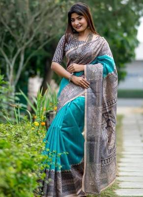 Sea green color tussar silk blend madhubani print sari 1