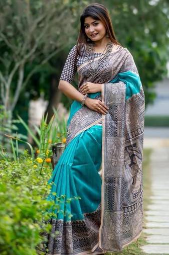 Sea green color tussar silk madhubani print sari