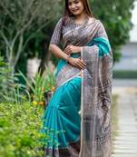 Sea green color tussar silk blend madhubani print sari