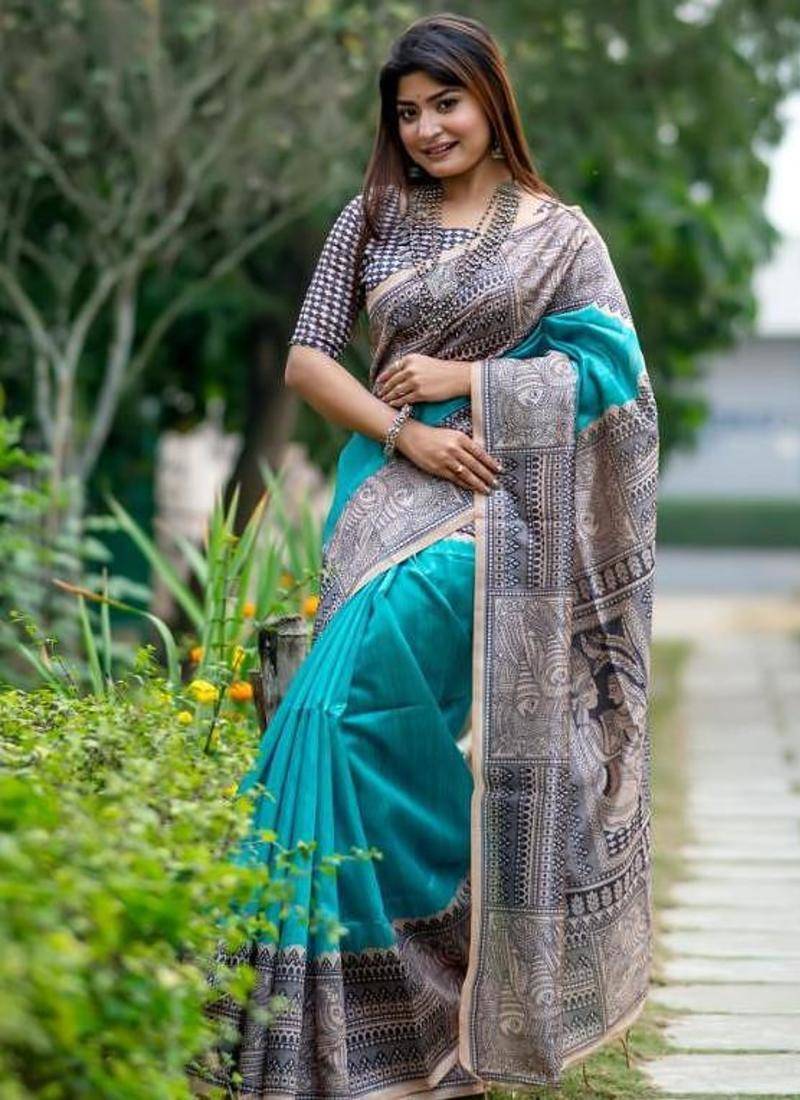 Sea green color tussar silk madhubani print sari