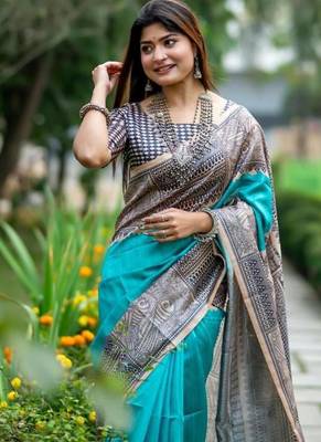 Sea green color tussar silk blend madhubani print sari 2