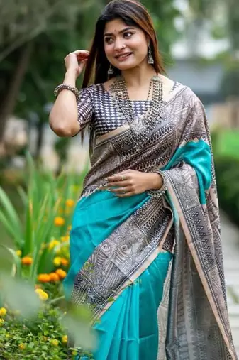 Sea green color tussar silk blend madhubani print sari