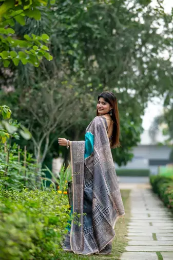 Sea green color tussar silk blend madhubani print sari