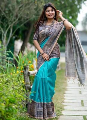 Sea green color tussar silk blend madhubani print sari 4