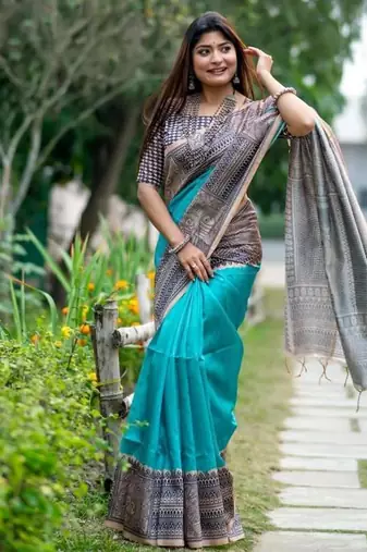 Sea green color tussar silk blend madhubani print sari