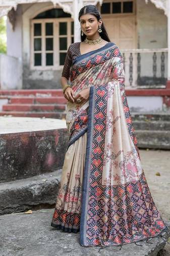 Black-multicolor tussar silk patola print sari