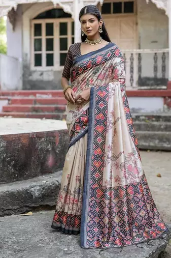 Black-multicolor tussar silk blend patola print sari
