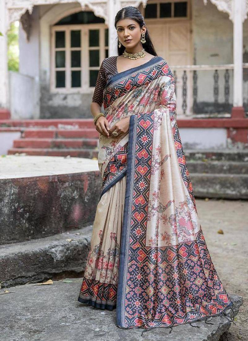 Black-multicolor tussar silk patola print sari