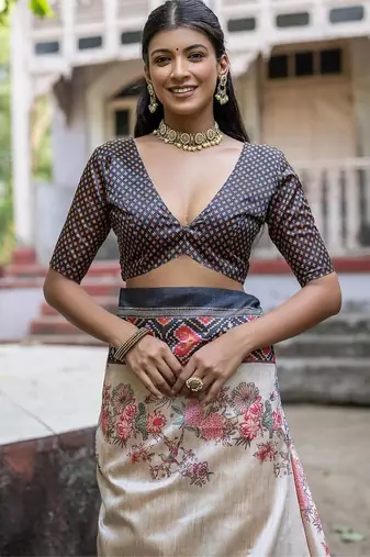 Black-multicolor tussar silk blend patola print sari