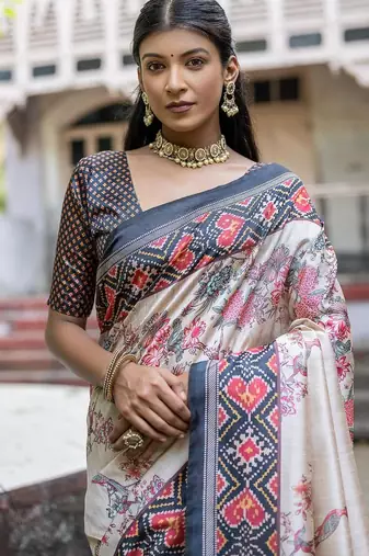 Black-multicolor tussar silk blend patola print sari