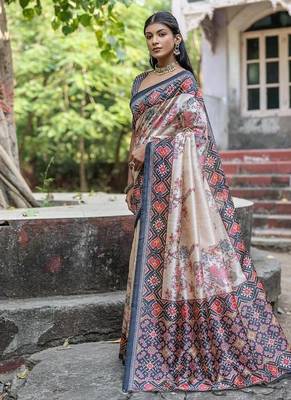 Black-multi tussar silk blend patola print sari 4