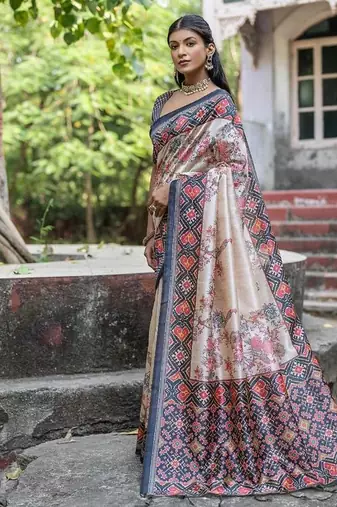 Black-multicolor tussar silk blend patola print sari