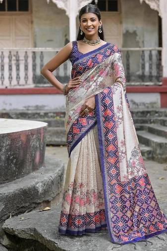 Blue-multicolor tussar silk patola print sari