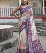 Blue-multicolor tussar silk blend patola print sari