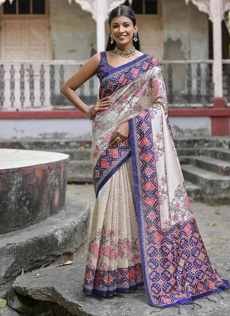 Blue-multicolor tussar silk patola print sari