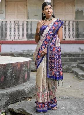 Blue-multicolor tussar silk blend patola print sari 3