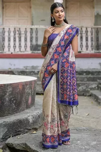 Blue-multicolor tussar silk blend patola print sari