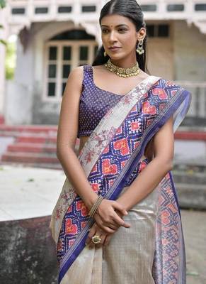 Blue-multicolor tussar silk blend patola print sari 4
