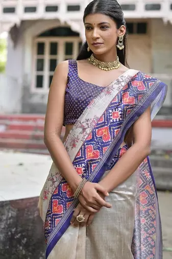 Blue-multicolor tussar silk blend patola print sari
