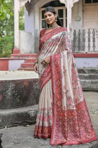 Coffee-multicolor tussar silk blend patola print sari