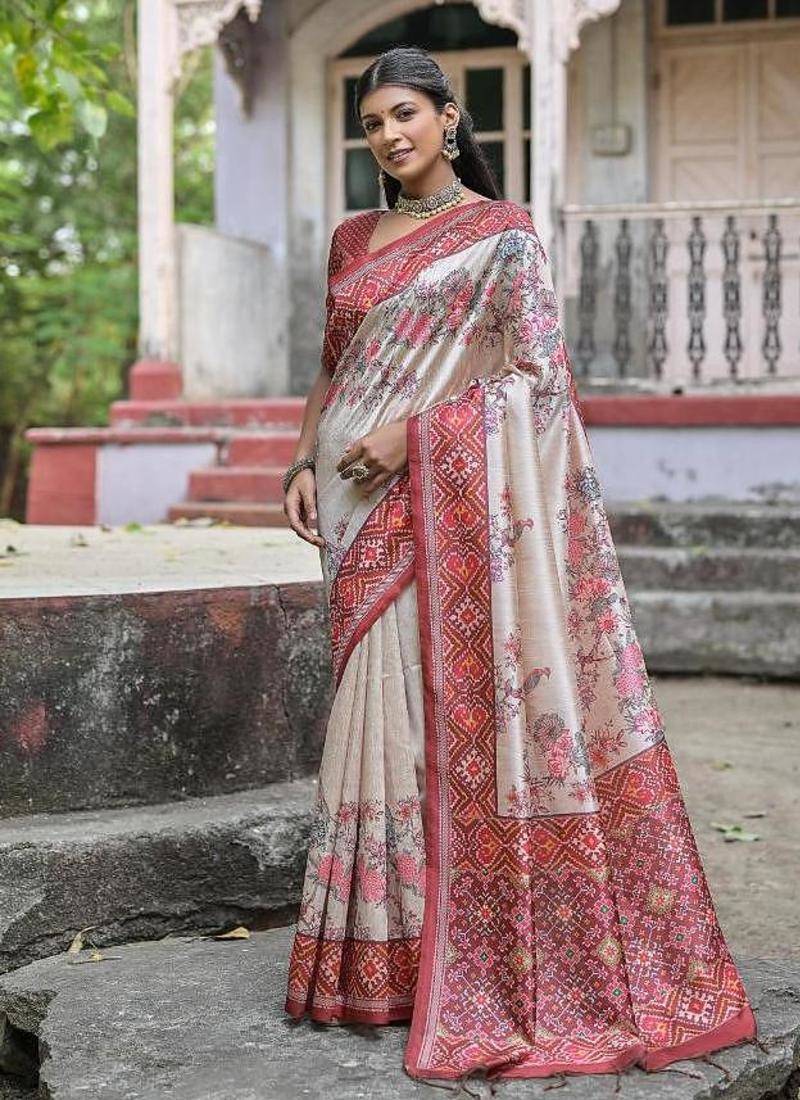 Coffee-multicolor tussar silk patola print sari